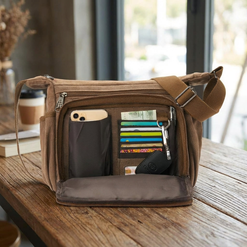 Elegancka torba listonoszka canvas z blokadą RFID, idealna na co dzień i w podróże, chroni dane.