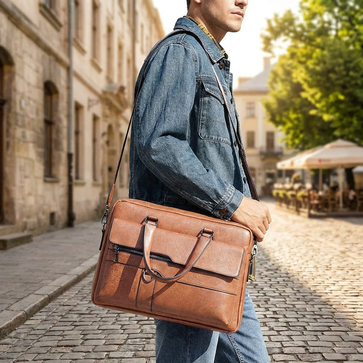 Elegancka torba na laptopa z PU skóry, idealna do pracy i biznesu. Posiada regulowany pasek na ramię i organizer.