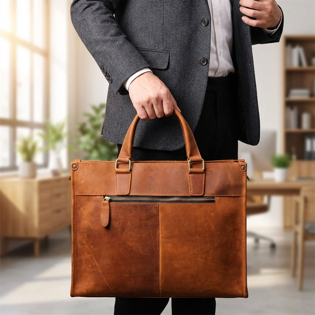 Elegancka torba na laptopa ze skóry vintage, uniseks. Wytrzymała i stylowa, idealna do biura i do pracy.