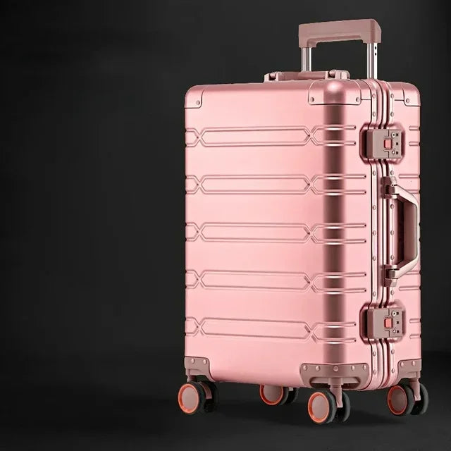 Nowoczesna walizka Vienna Voyager: aluminiowo-magnezowy kufer z kółkami 360 i zamkiem TSA, idealny bagaż.