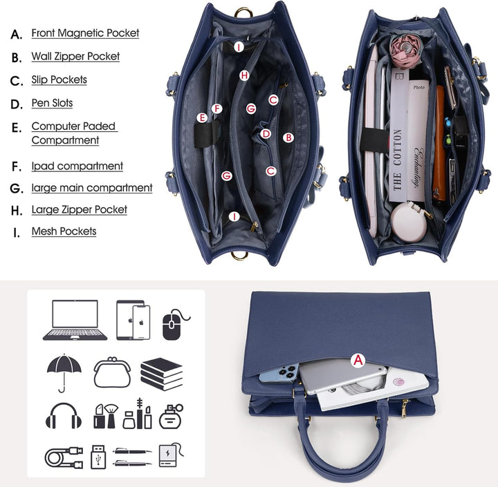Damska torba na laptopa z wieloma kieszeniami, wodoodporna skóra PU. Elegancka do pracy.