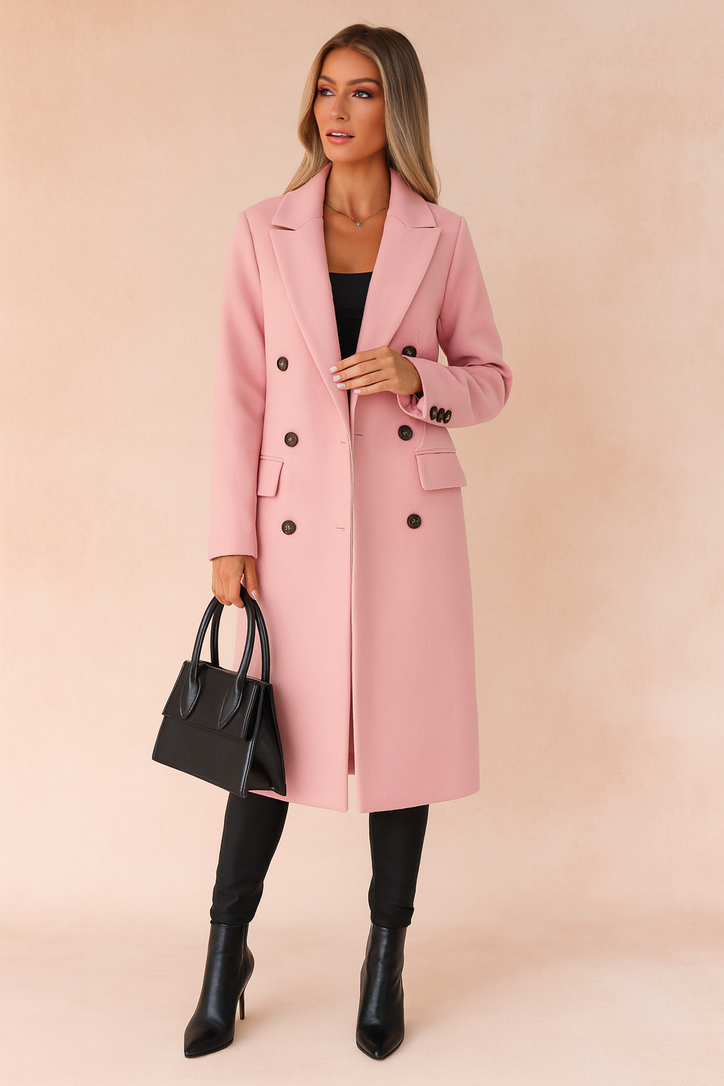 Modny damski płaszcz zimowy, dwurzędowy, elegancki. Must-have dla stylu biurowego i szykownych zimowych stylizacji.