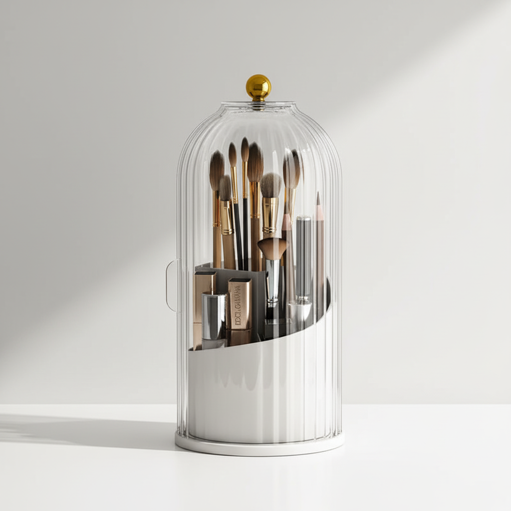 Minimalistyczny organizer BrushLuxe na pędzle i kosmetyki, zapewniający porządek na toaletce każdej kobiety.