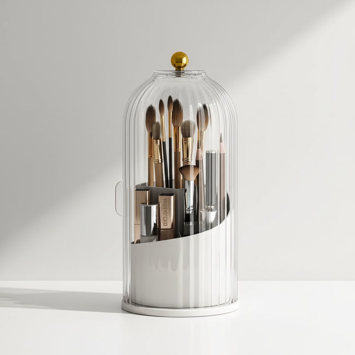 Minimalistyczny organizer BrushLuxe na pędzle i kosmetyki, zapewniający porządek na toaletce każdej kobiety.