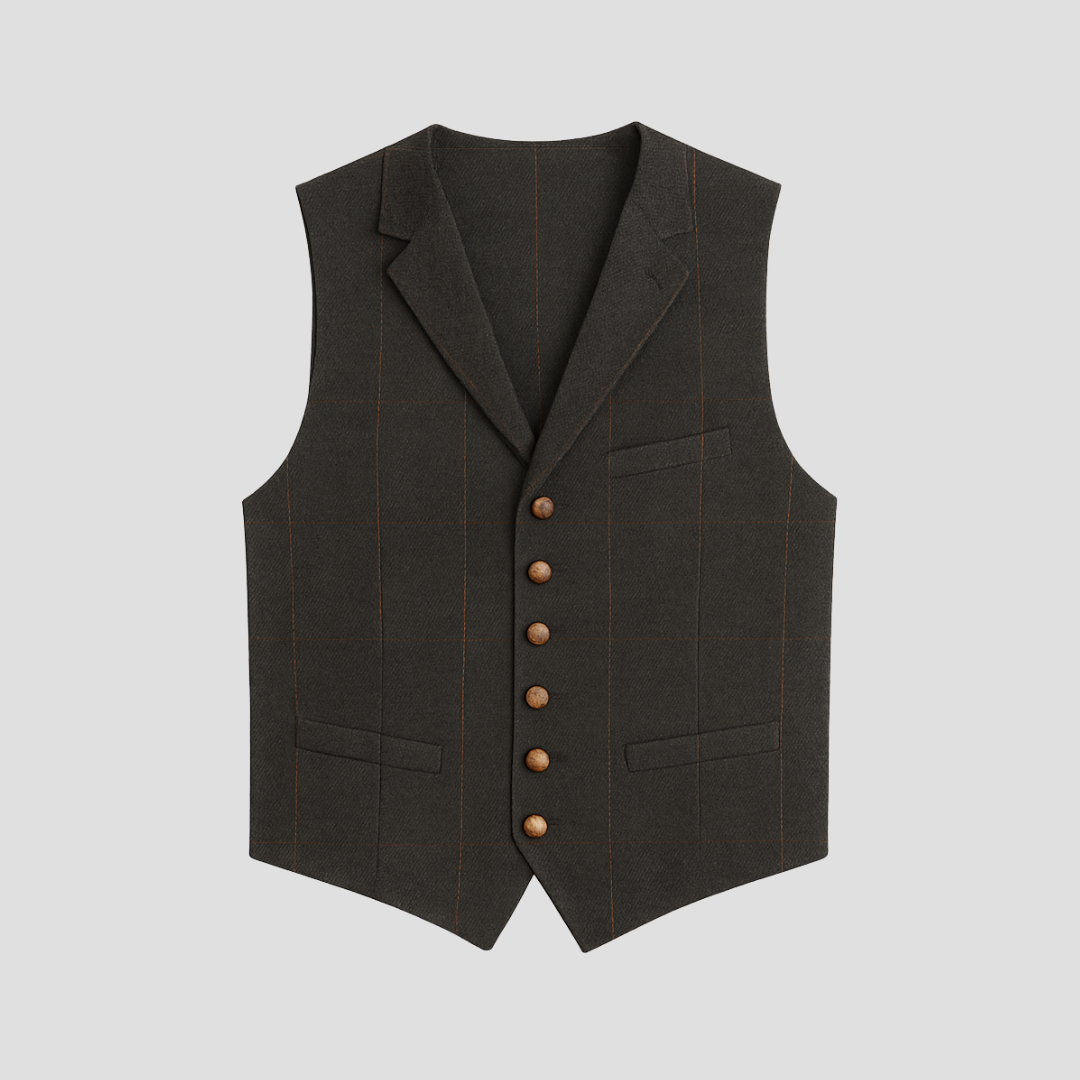 Elegancka męska kamizelka bez rękawów, dopasowany krój, kontrastowe guziki, tkanina z mieszanki bawełny, idealna do nowoczesnych stylizacji.