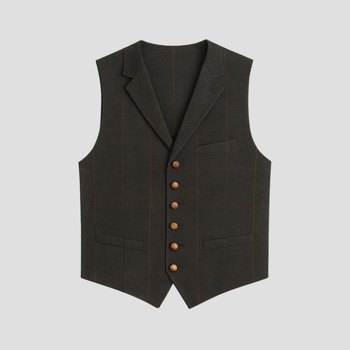 Elegancka męska kamizelka bez rękawów, dopasowany krój, kontrastowe guziki, tkanina z mieszanki bawełny, idealna do nowoczesnych stylizacji.