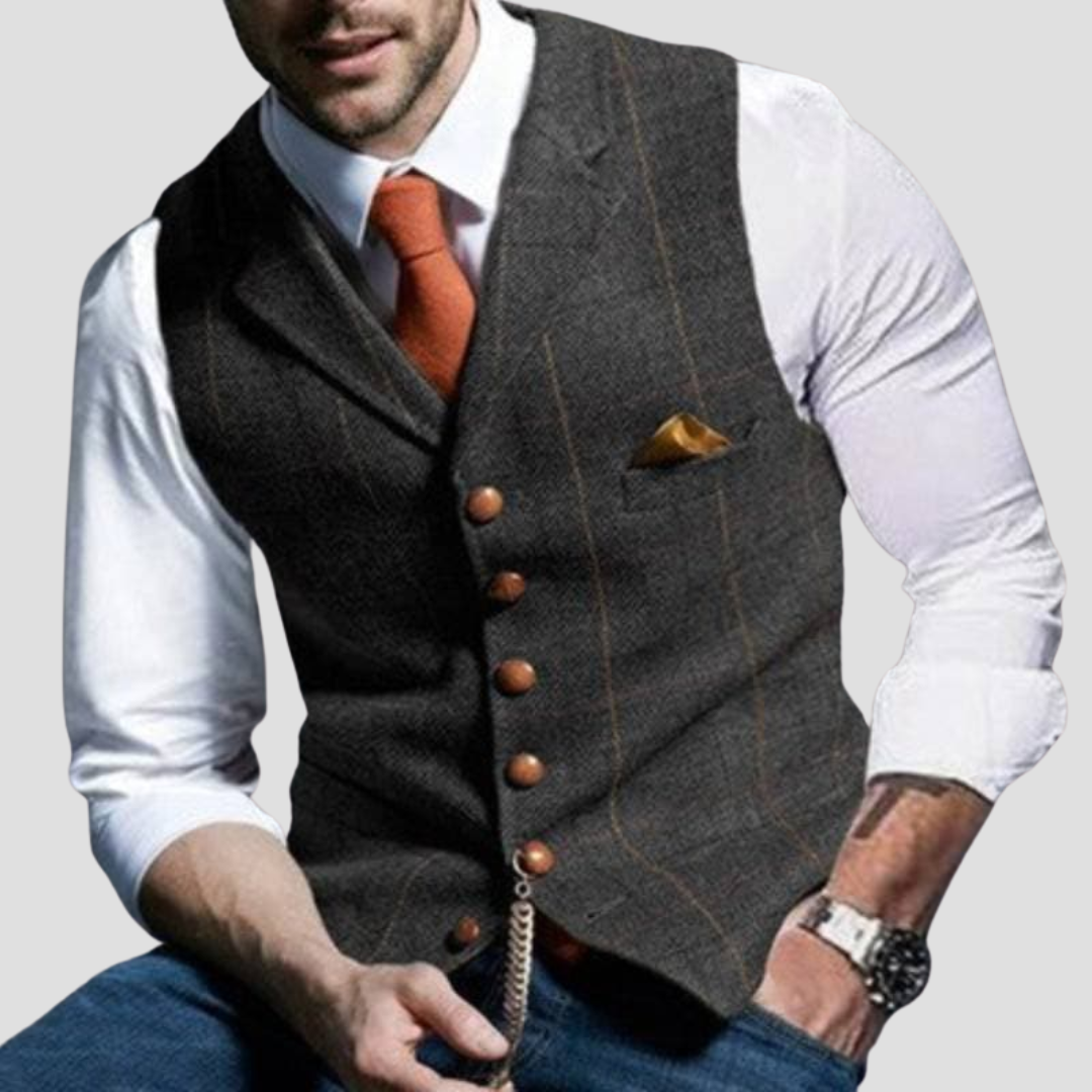 Elegancka męska kamizelka bez rękawów, dopasowany krój, kontrastowe guziki, tkanina z mieszanki bawełny, idealna do nowoczesnych stylizacji.