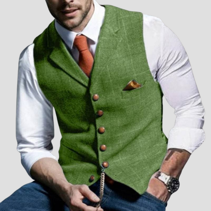 Elegancka męska kamizelka bez rękawów, dopasowany krój, kontrastowe guziki, tkanina z mieszanki bawełny, idealna do nowoczesnych stylizacji.