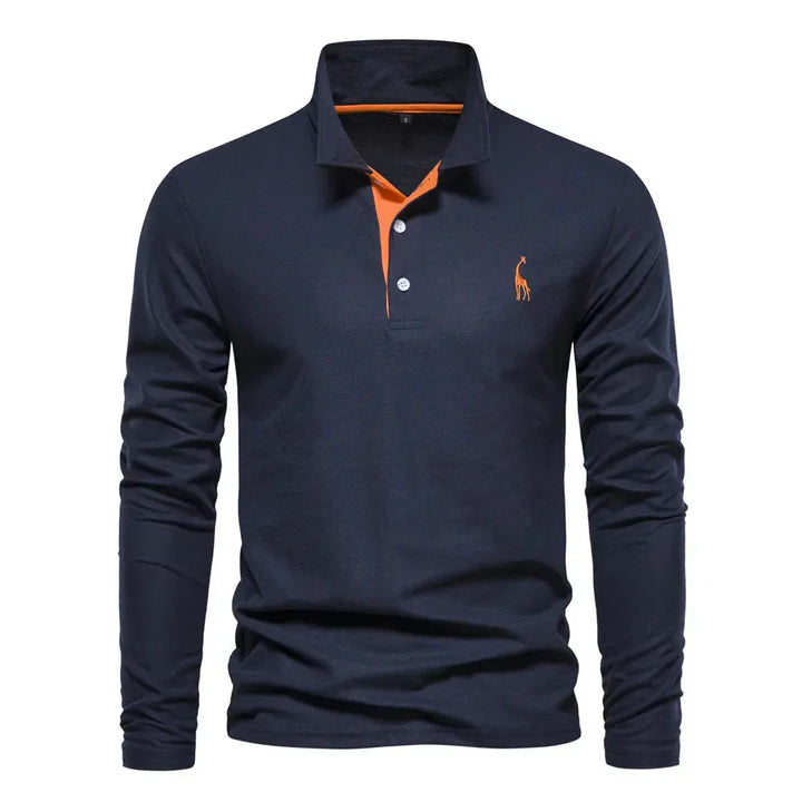 Elegancka męska koszulka polo z długimi rękawami, haftem, klasycznym kołnierzykiem, w kolorze khaki.