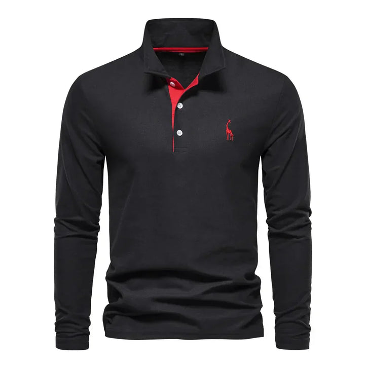 Elegancka męska koszulka polo z długimi rękawami, haftem, klasycznym kołnierzykiem, w kolorze niebieskim.