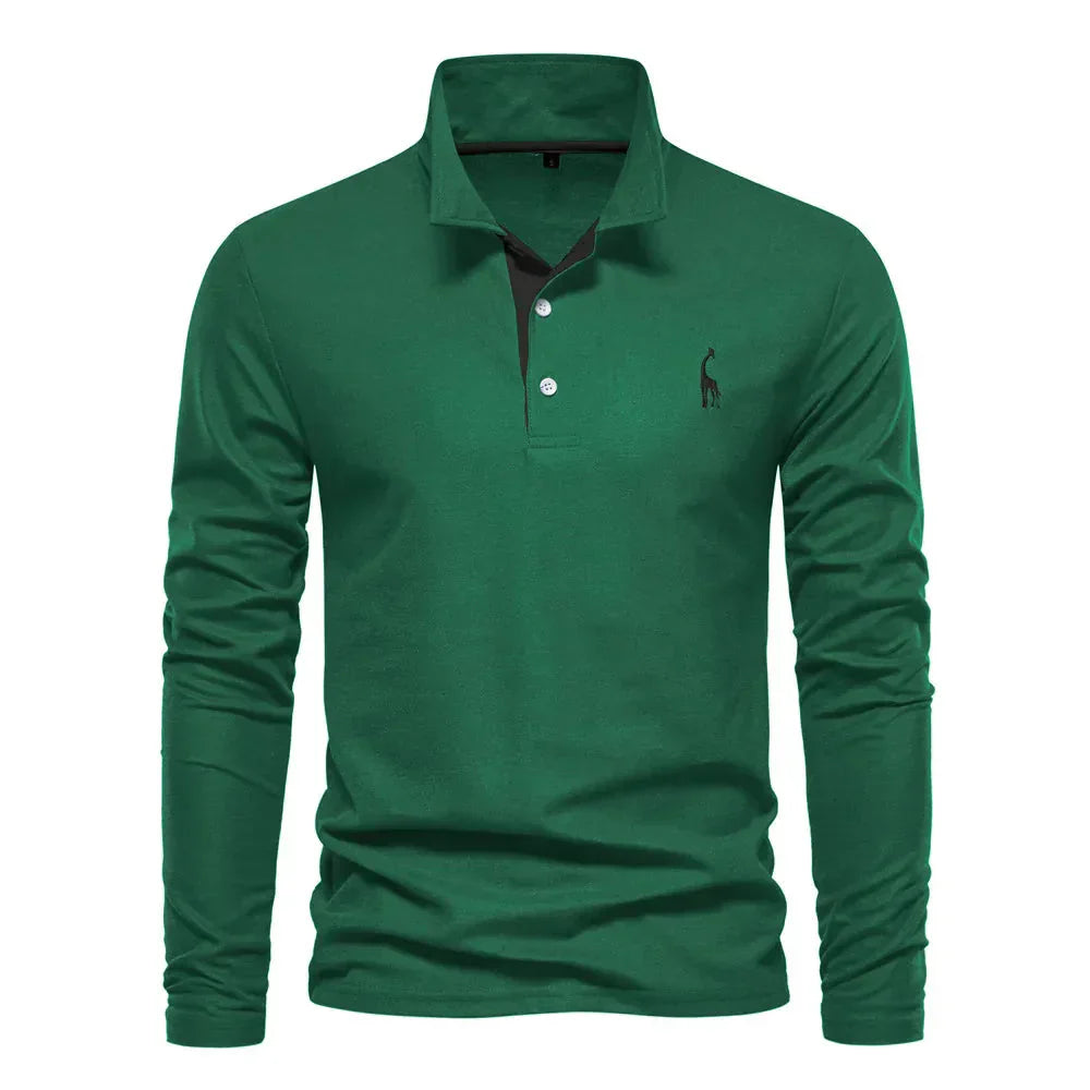 Elegancka męska koszulka polo z długimi rękawami, haftem, klasycznym kołnierzykiem, w kolorze zielonym.