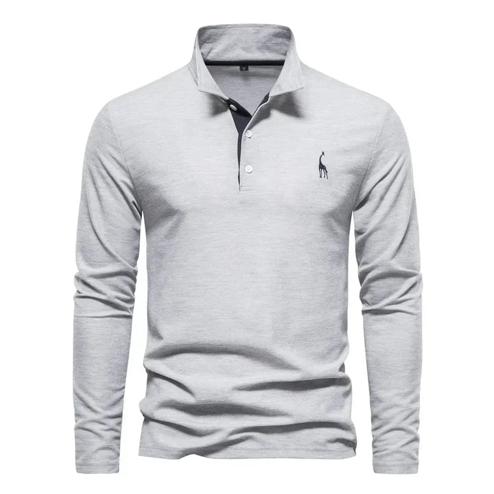 Elegancka męska koszulka polo z długimi rękawami, haftem, klasycznym kołnierzykiem, w kolorze szarym.