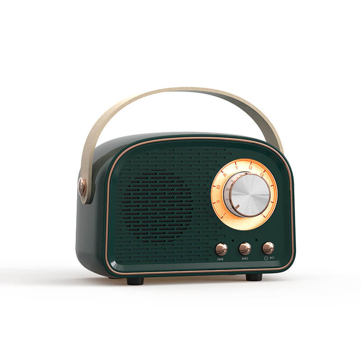 Vintage'owy głośnik Bluetooth o designie retro, wbudowane radio FM, kompaktowy, elegancki, czysty dźwięk, różnorodne opcje kolorystyczne.