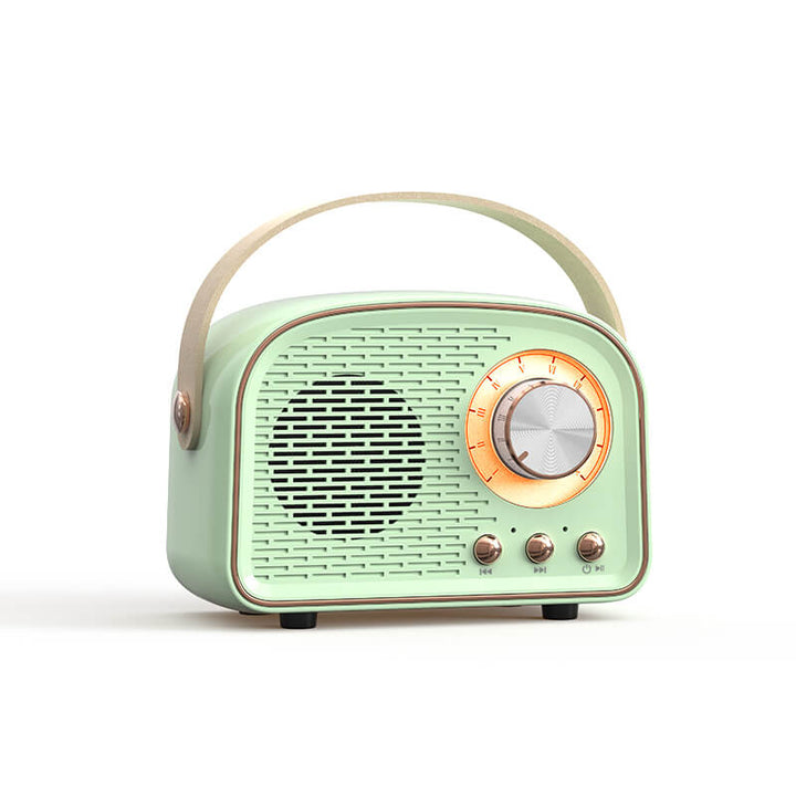 Vintage'owy głośnik Bluetooth o designie retro, wbudowane radio FM, kompaktowy, elegancki, czysty dźwięk, różnorodne opcje kolorystyczne.