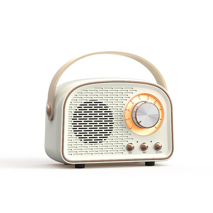 Vintage'owy głośnik Bluetooth o designie retro, wbudowane radio FM, kompaktowy, elegancki, czysty dźwięk, różnorodne opcje kolorystyczne.