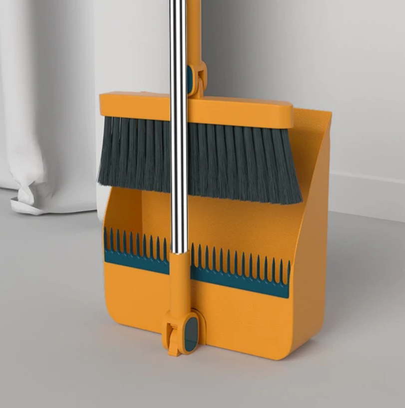 Zestaw miotły i szufelki z obrotową głowicą 180°, ergonomiczny design, skuteczne czyszczenie zakamarków pod meblami.