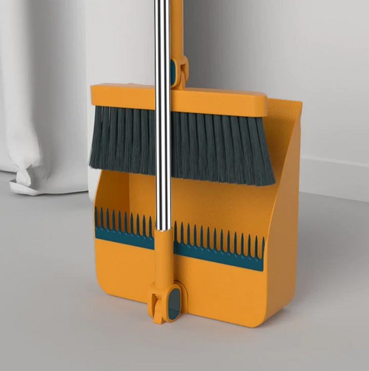 Zestaw miotły i szufelki z obrotową głowicą 180°, ergonomiczny design, skuteczne czyszczenie zakamarków pod meblami.