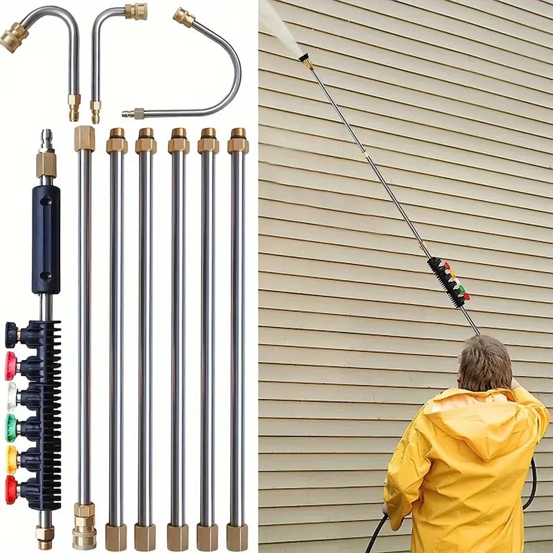 "Ensemble de lances télescopiques 4000 psi pour nettoyage haute pression, idéal surfaces élevées, robuste et extensible."