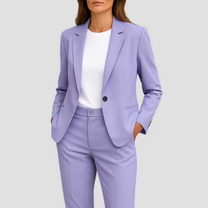Damski elegancki zestaw dwuczęściowy, dopasowana marynarka i spodnie z prostymi nogawkami, stylizowany na co dzień, wygodny i modny.