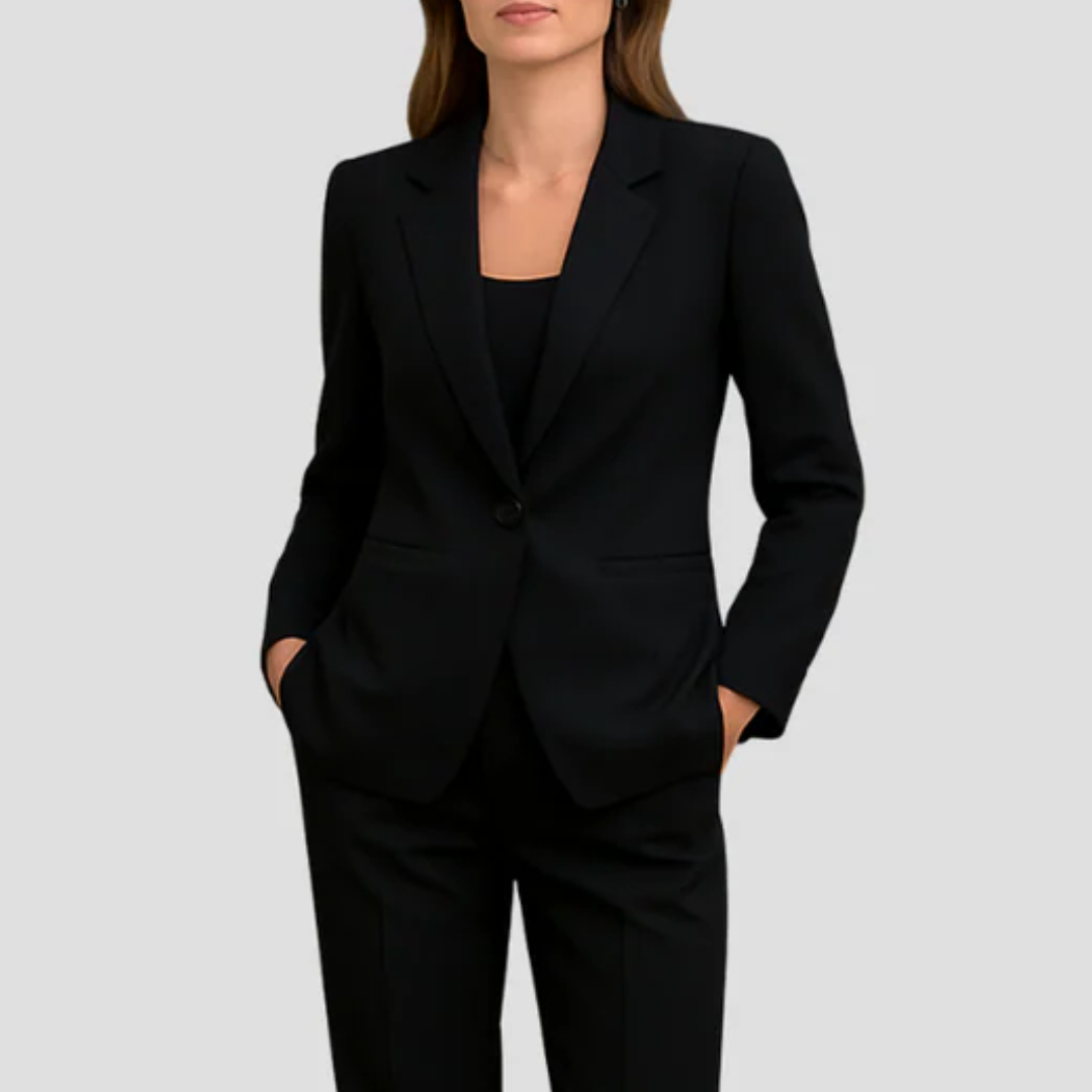 Damski elegancki zestaw dwuczęściowy, dopasowana marynarka i spodnie z prostymi nogawkami, stylizowany na co dzień, wygodny i modny.