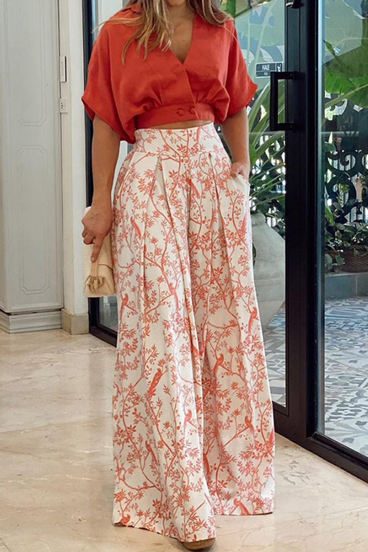 Damski elegancki zestaw dwuczęściowy z luksusowej satyny, crop top z długim rękawem, spodnie palazzo, elegancki i nowoczesny styl.