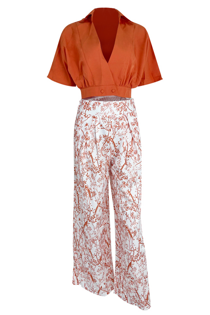 Damski elegancki zestaw dwuczęściowy z luksusowej satyny, crop top z długim rękawem, spodnie palazzo, elegancki i nowoczesny styl.