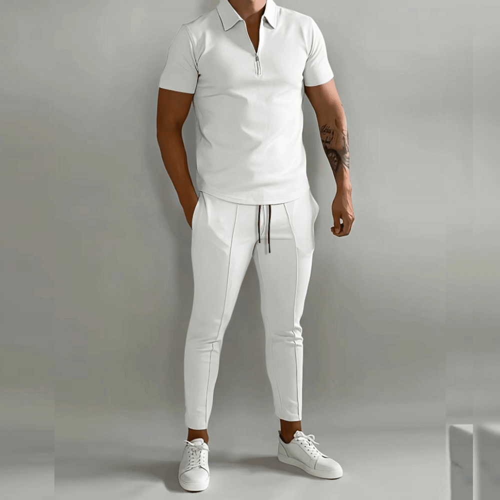Męski zestaw odzieży casual-elegancki, wysokiej jakości materiały, wszechstronne zastosowanie, dopasowany krój.