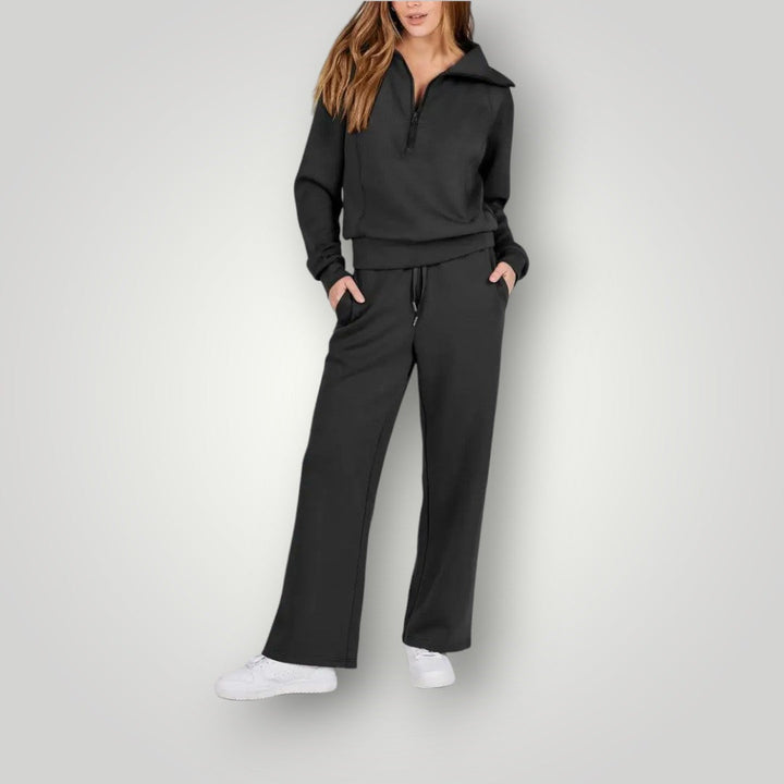 Stylowy i wygodny damski zestaw loungewear, bluza i pasujące spodnie w neutralnych odcieniach, idealny do relaksu i na wyjścia.