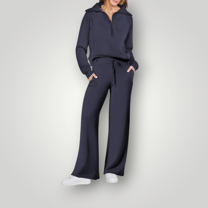 Stylowy i wygodny damski zestaw loungewear, bluza i pasujące spodnie w neutralnych odcieniach, idealny do relaksu i na wyjścia.
