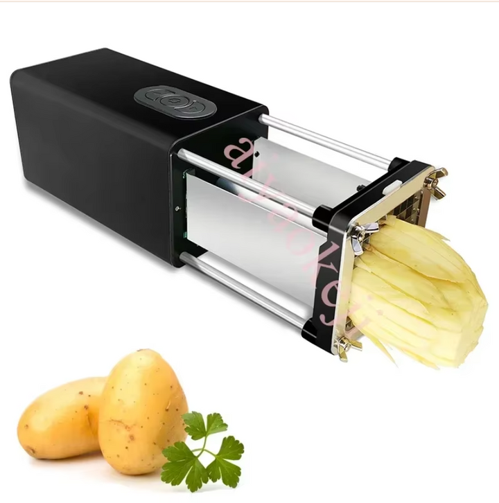 Elektryczna obieraczka z ostrzami, kompaktowa w kolorze srebrnym i czarnym, ergonomiczny design dla łatwego obierania warzyw.