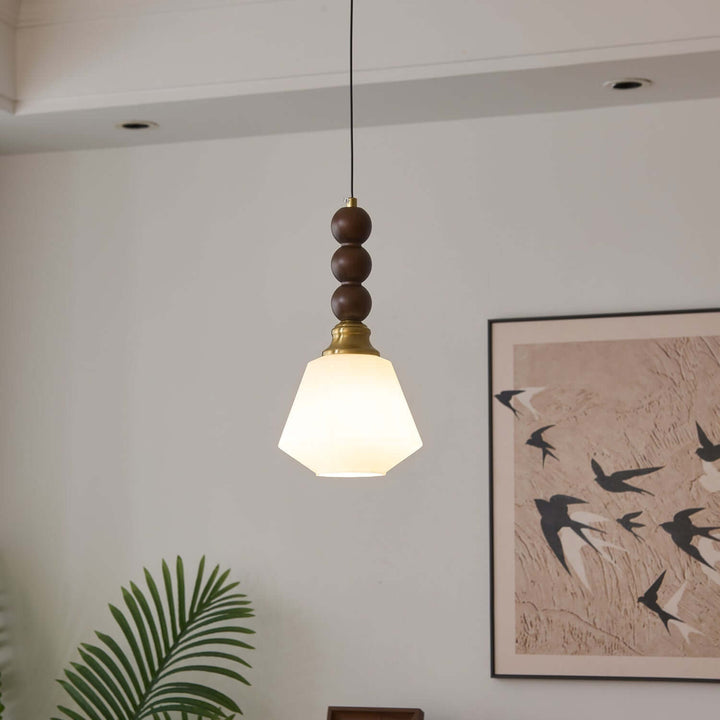 Elegancka szklana, drewniana i metalowa lampa wisząca