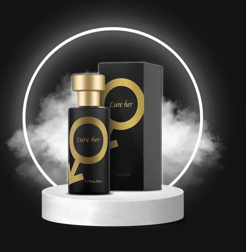 Elegancki flakon perfumowanej wody perfumowanej z feromonami dla mężczyzn, na neutralnym tle.