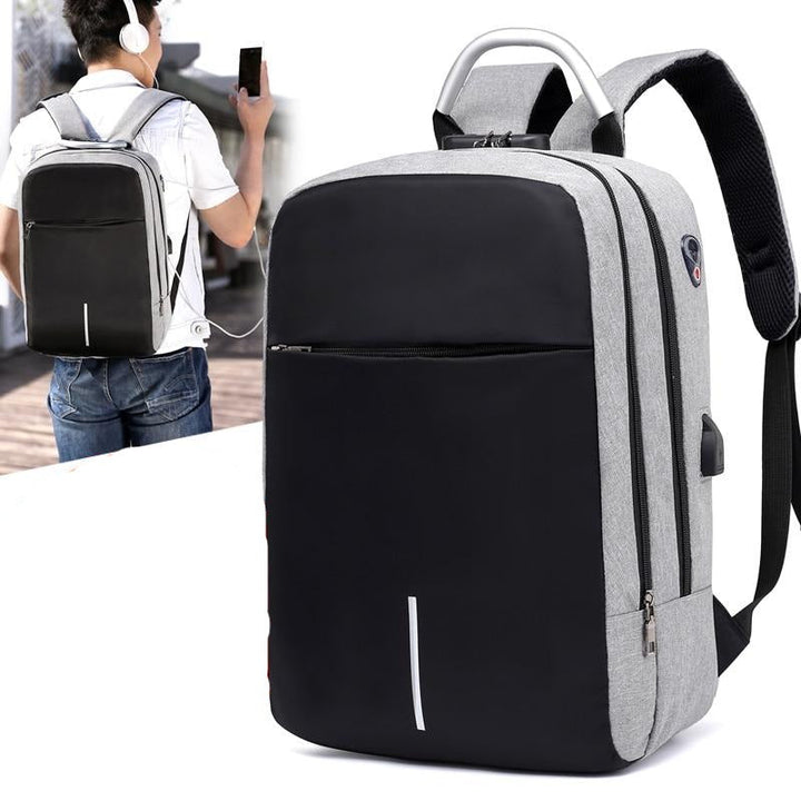 Główny widok czarnego plecaka antykradzieżowego na laptopa z portem USB. Wodoodporny, idealny do miasta.