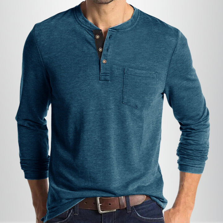 Biały męski t-shirt Henley z długim rękawem, dopasowany krój, miękka mieszanka bawełny, idealny do klasycznych stylizacji na różne okazje