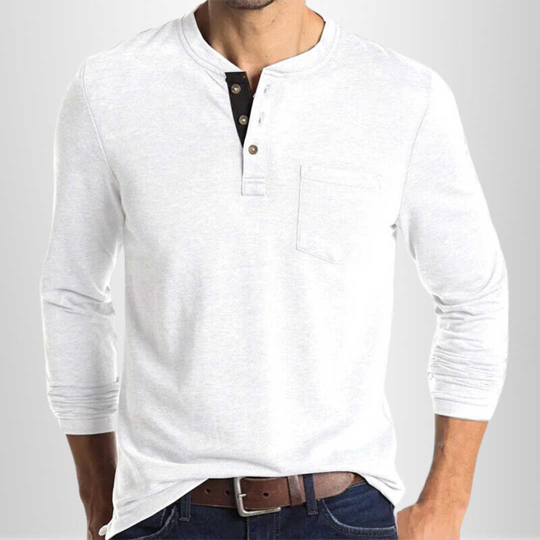 Biały męski t-shirt Henley z długim rękawem, dopasowany krój, miękka mieszanka bawełny, idealny do klasycznych stylizacji na różne okazje