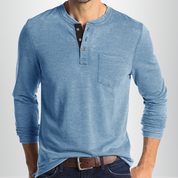 Biały męski t-shirt Henley z długim rękawem, dopasowany krój, miękka mieszanka bawełny, idealny do klasycznych stylizacji na różne okazje