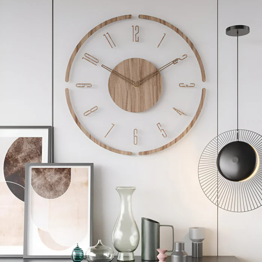 "Horloge murale design moderne en acrylique et bois, finition transparente, mécanisme quartz silencieux, 30 cm diamètre"