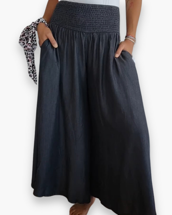 Eleganckie spodnie culottes damskie, luźne, zwiewny materiał, wysoka elastyczna talia, komfort i nowoczesny styl, casual chic.