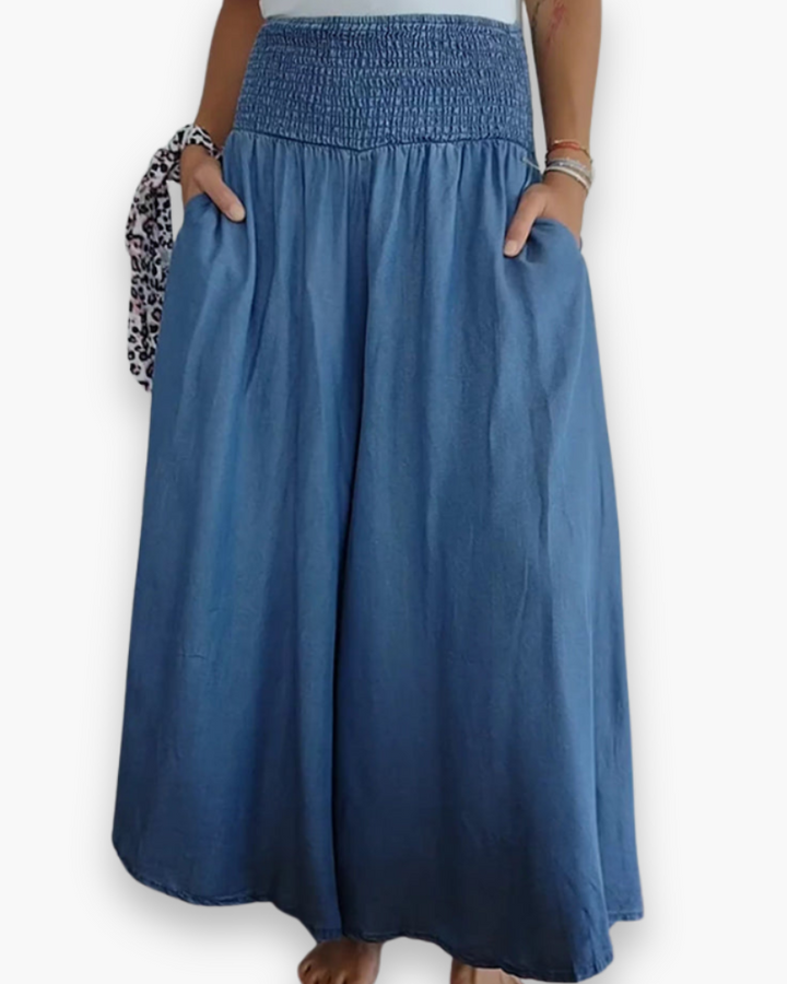 Eleganckie spodnie culottes damskie, luźne, zwiewny materiał, wysoka elastyczna talia, komfort i nowoczesny styl, casual chic.