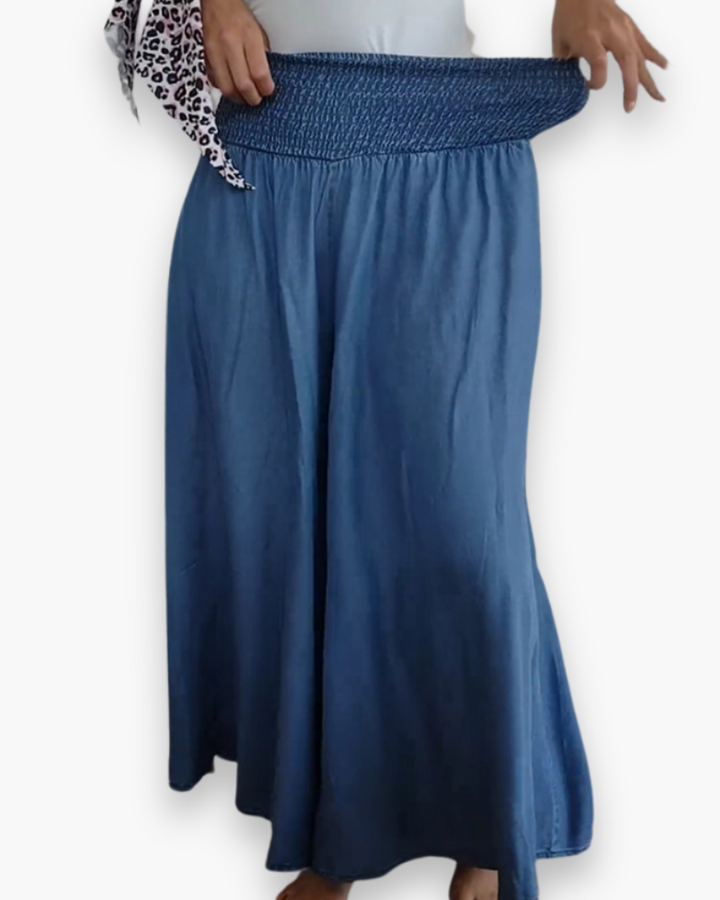 Eleganckie spodnie culottes damskie, luźne, zwiewny materiał, wysoka elastyczna talia, komfort i nowoczesny styl, casual chic.