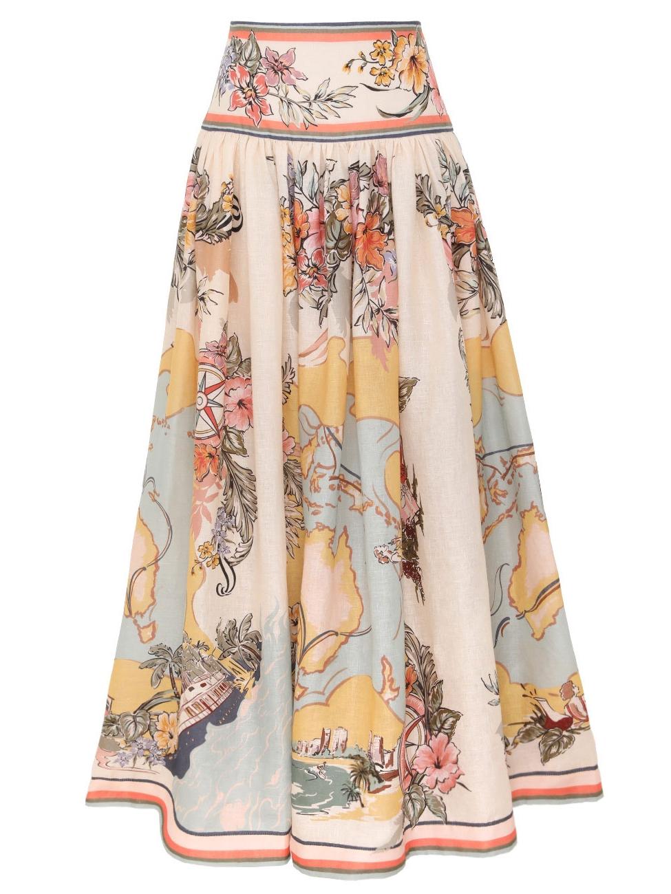Elegancka spódnica midi z wysokim stanem i delikatnymi kwiatowymi wzorami, idealna do stylu boho i kobiecych stylizacji na każdą porę roku.