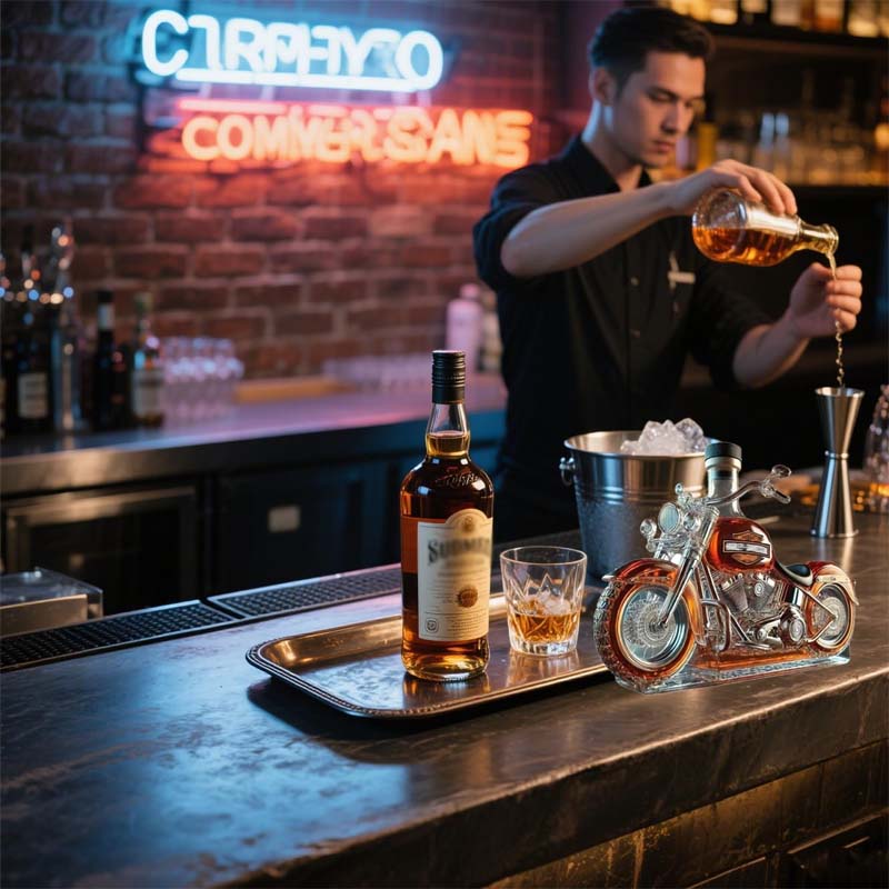 Karafka na alkohol motocykl, pojemność 1000ml. Szklana dekoracja, idealna do przechowywania i serwowania whisky.