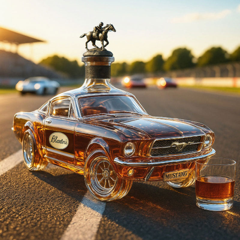 Karafka whisky szklana w kształcie klasycznego samochodu, idealna do barku i dla miłośników motoryzacji.