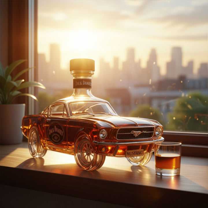 Karafka do whisky motoryzacyjna: luksusowy, szklany samochód na alkohol. Elegancki element dekoracji baru.