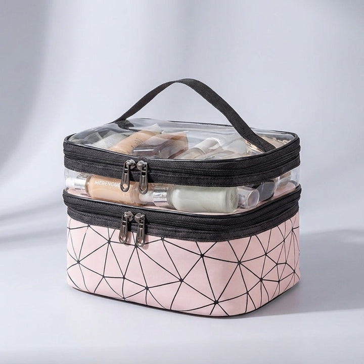 Przenośna, wodoodporna kosmetyczka z przezroczystym panelem. Elegancki organizer na kosmetyki w podróży.