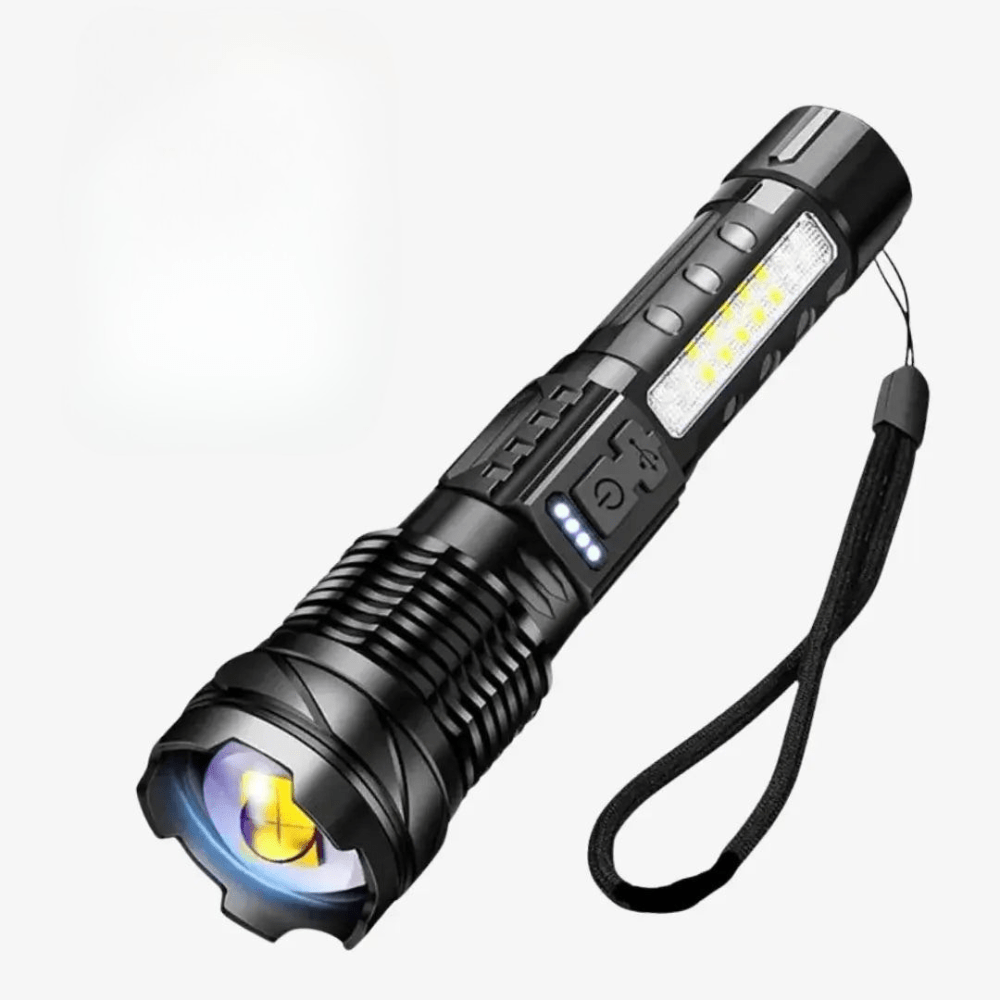 Latarka LED 5000 lumenów, aluminiowa, wodoodporna, wielofunkcyjna z różnymi trybami, idealna na zewnątrz.