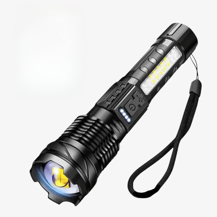 Latarka LED 5000 lumenów, aluminiowa, wodoodporna, wielofunkcyjna z różnymi trybami, idealna na zewnątrz.