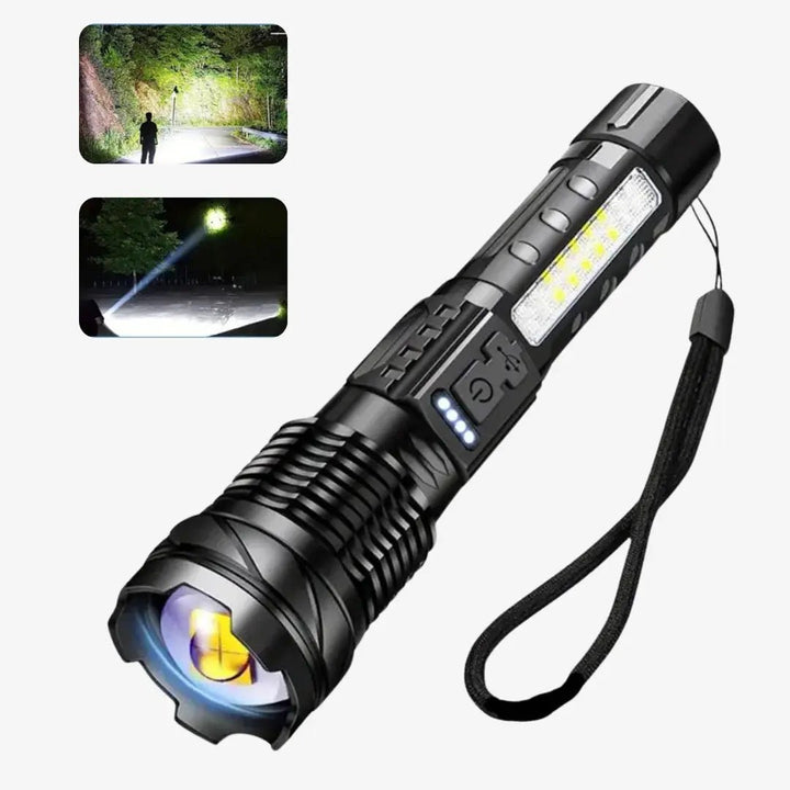 Latarka LED 5000 lumenów, aluminiowa, wodoodporna, wielofunkcyjna z różnymi trybami, idealna na zewnątrz.