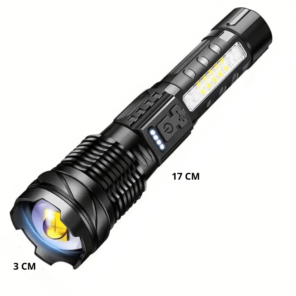 Latarka LED 5000 lumenów, aluminiowa, wodoodporna, wielofunkcyjna z różnymi trybami, idealna na zewnątrz.