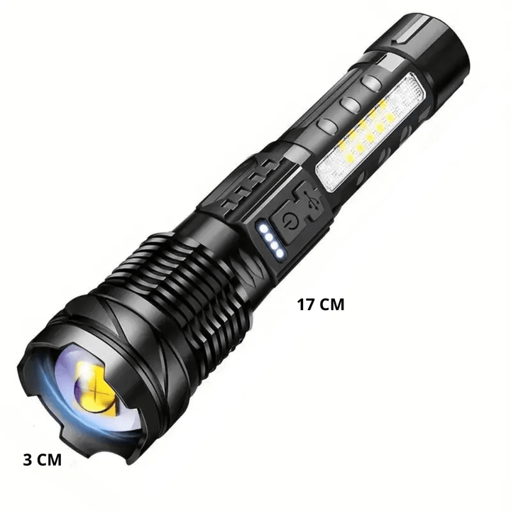 Latarka LED 5000 lumenów, aluminiowa, wodoodporna, wielofunkcyjna z różnymi trybami, idealna na zewnątrz.
